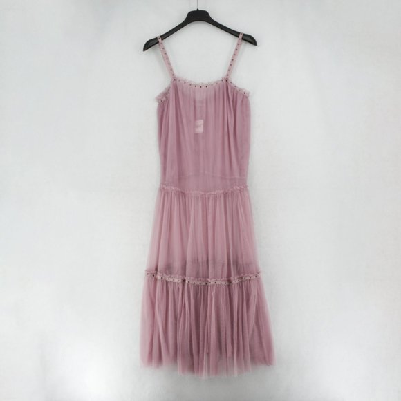 Free People Womens Midi Dress Small Pink Studded Mesh Night Out Tiered Trapeze - Picture 5 of 14